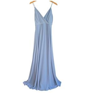 Birdy Grey Blue Chiffon Maxi Gown Bridesmaid Prom Dress Pockets Size Small